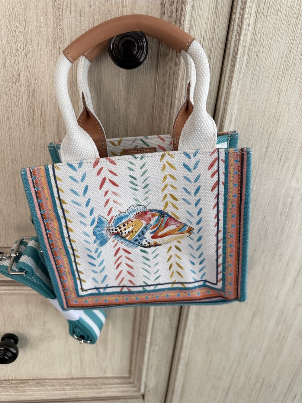 Brighton Canvas Mini Tote Bag with Colorful Fish Print - White & Teal